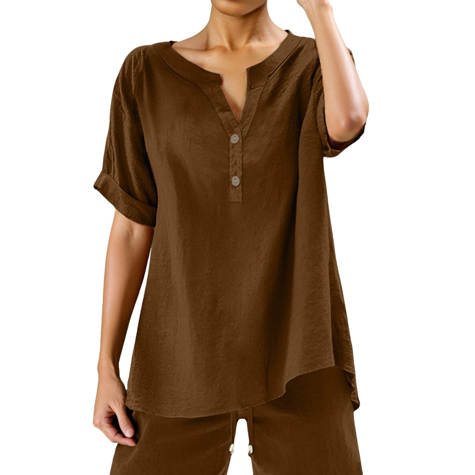 thumbnail image 1 of Blusa holgada con botones para mujer: manga corta, cuello en V, color liso, camisa informal para uso diario/trabajo, tallas S/XXXXXL., 1 of 4